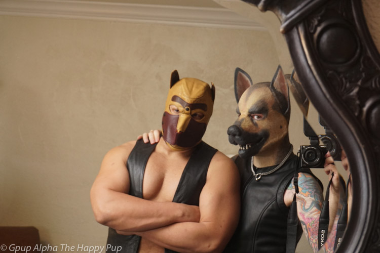 Hot human dog tries on a leather pup hood for the firstime in his leather dog hood